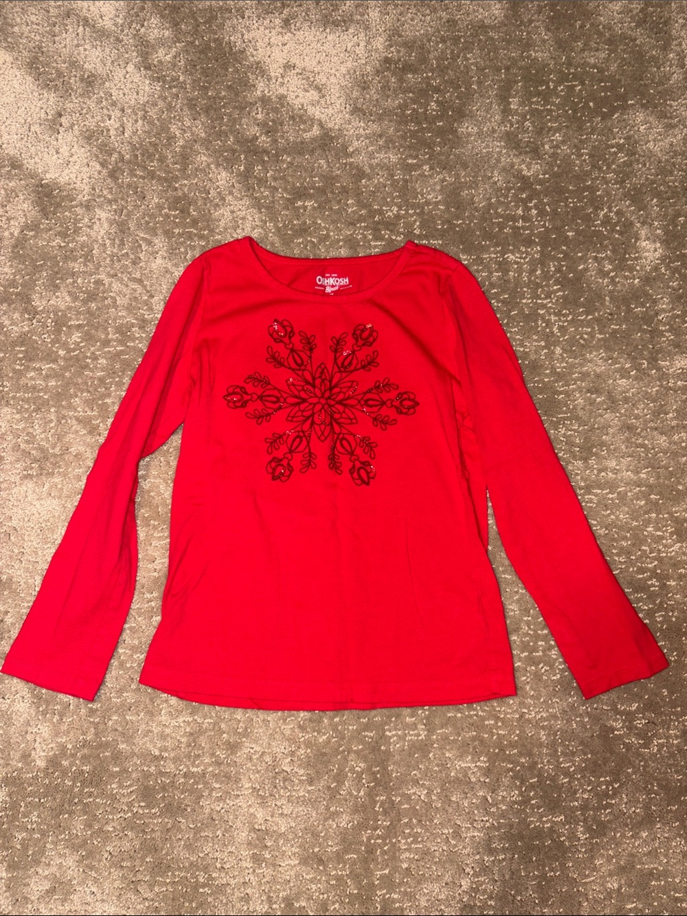 OshKosh B'gosh Long-Sleeve Red Tee with Dark Red/Sequin Snowflake (Size 7)